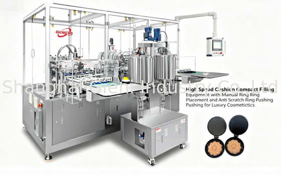 High Speed Cushion Compact Filling Equipment dengan Penempatan Cincin Manual dan Anti Scratch Ring Pushing untuk Kosmetik Mewah